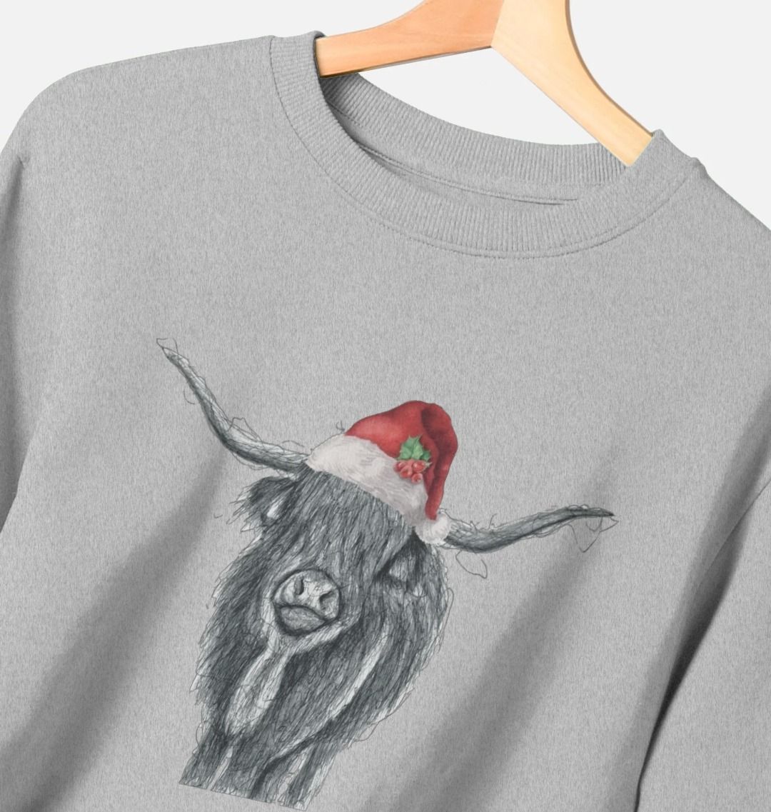 Woman's Crew Neck Festive Highland Cow Sweater Certified Organic Cotton