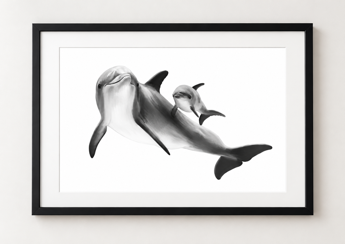 Dolphin and Calf Fine Art Print in a black frame with white mount, rectangular A4 style