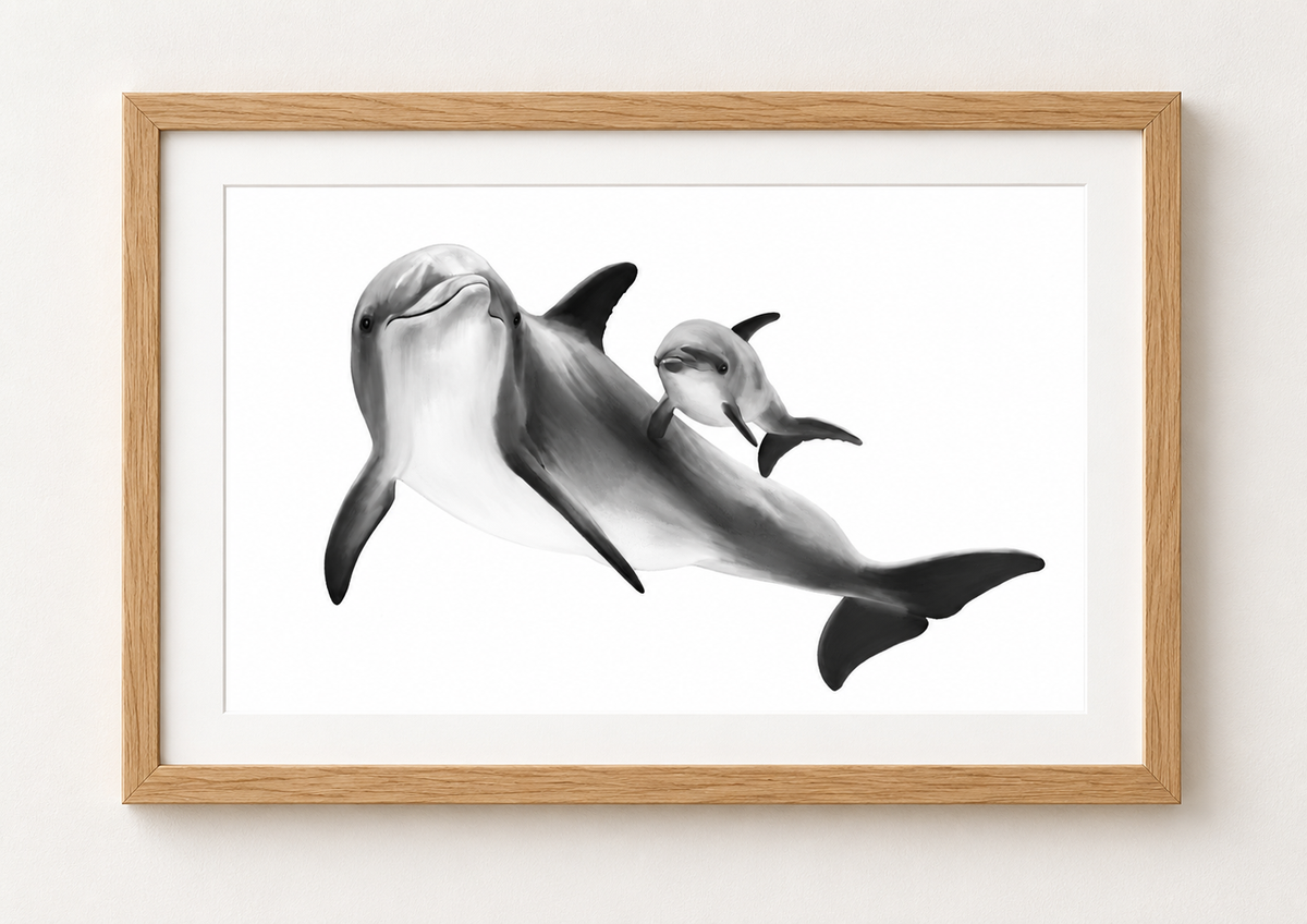 Dolphin and Calf Fine Art Print in a oak frame with white mount, rectangular A4 style