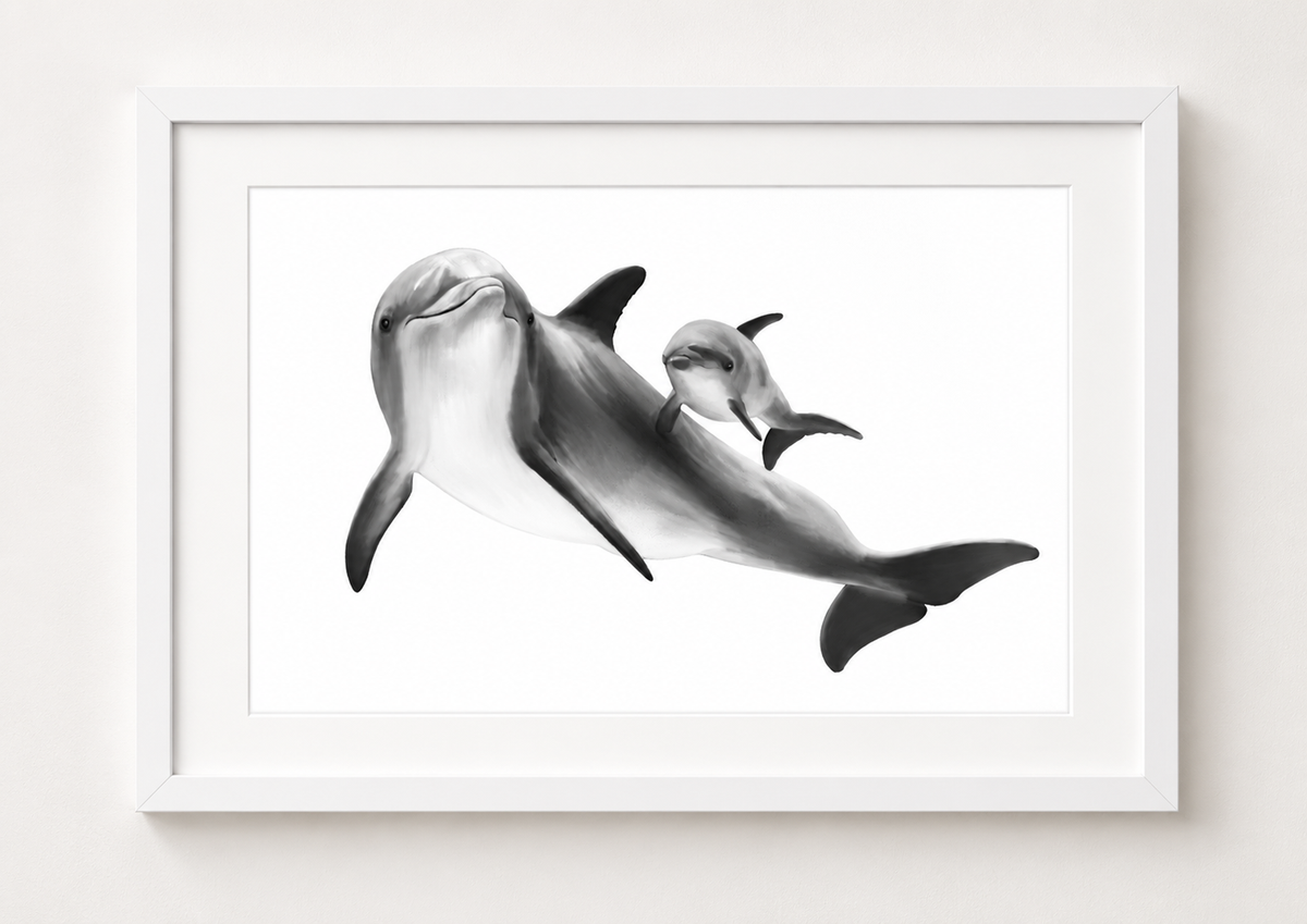 Dolphin and Calf Fine Art Print in a white frame with white mount, rectangular A4 style