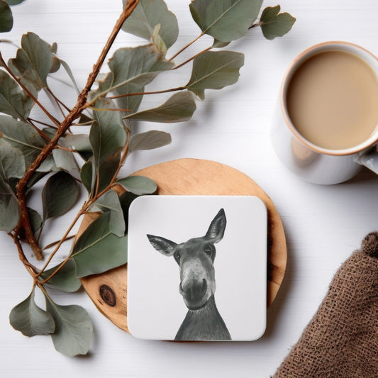 Hand-drawn donkey illustration on a drinks coaster by Libra Fine Arts. A delightful and detailed design, perfect for adding a rustic, nature-inspired touch to your home decor while protecting surfaces.