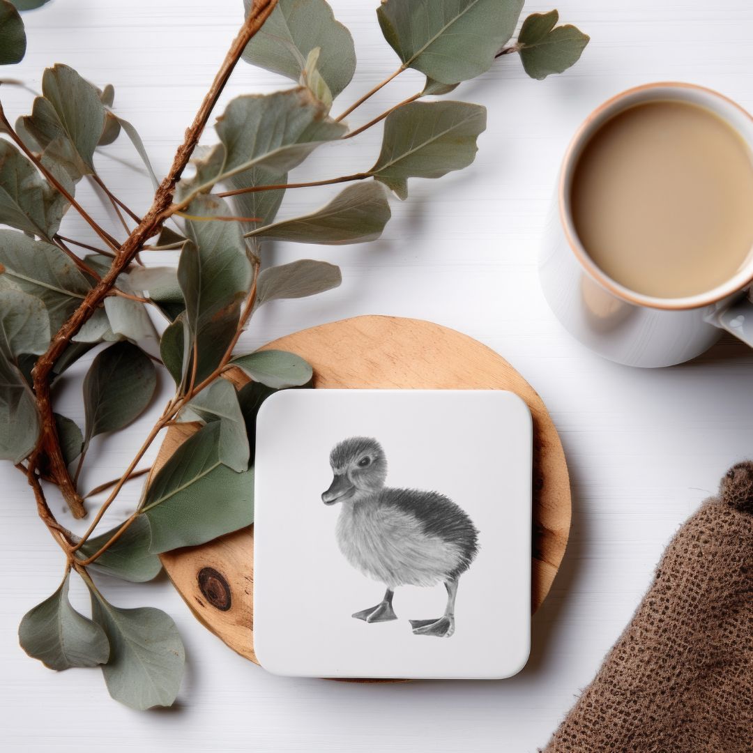 Hand-drawn duckling illustration on a drinks coaster by Libra Fine Arts. A charming and detailed design, perfect for adding a touch of nature to your home decor while protecting surfaces.







