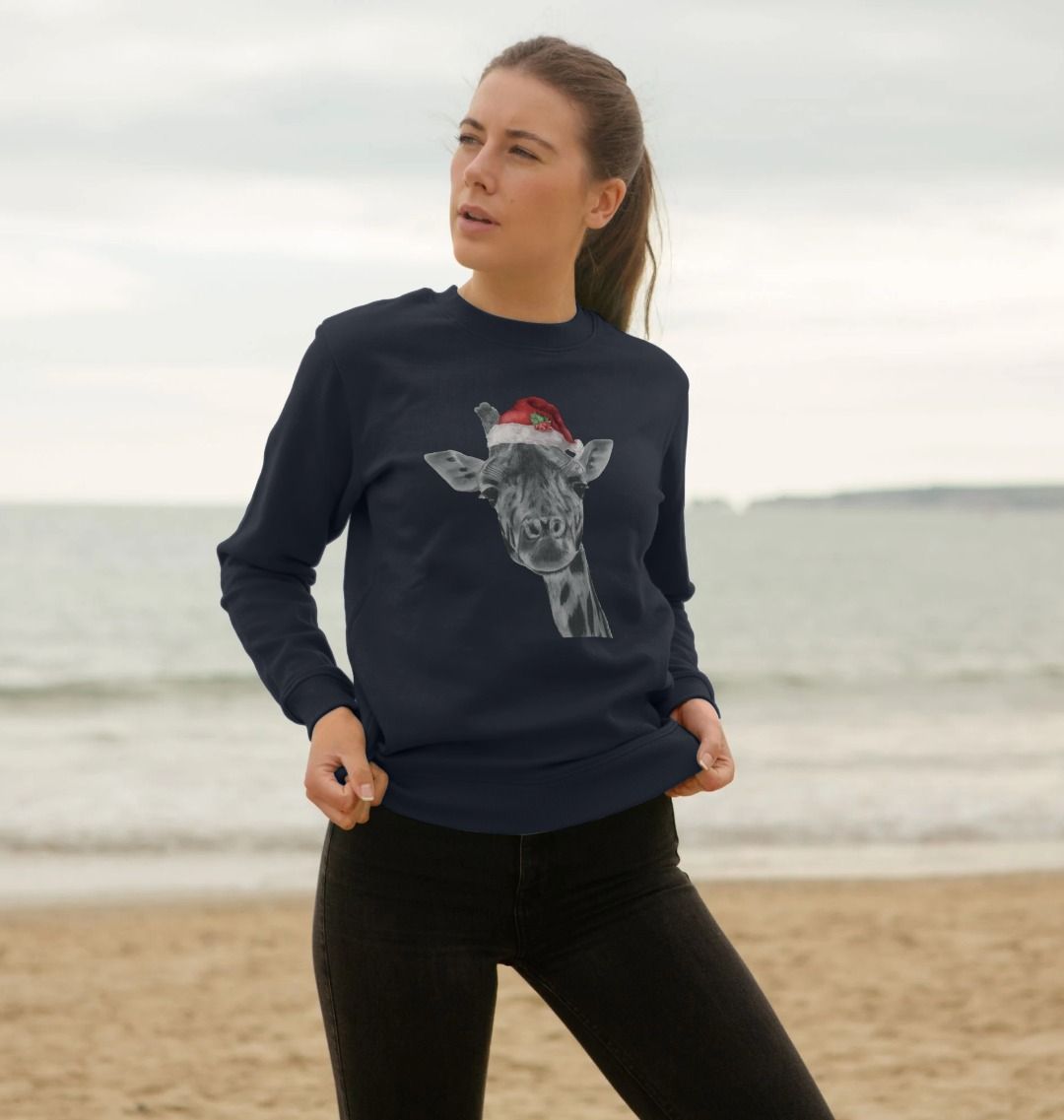 Women's Crew Neck Festive Solo Giraffe Sweater Certified Organic Cotton
