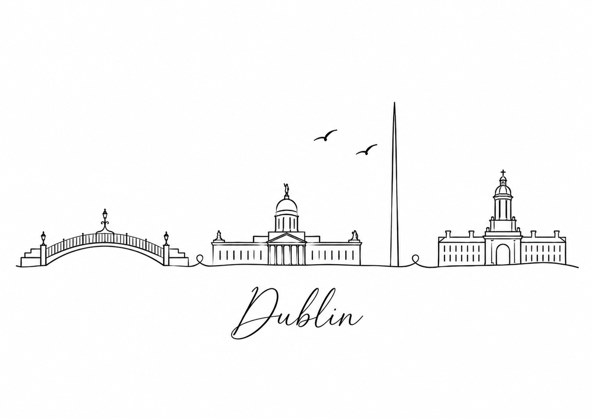 Dublin skyline artwork featuring black line landmarks and city lettering on a white background