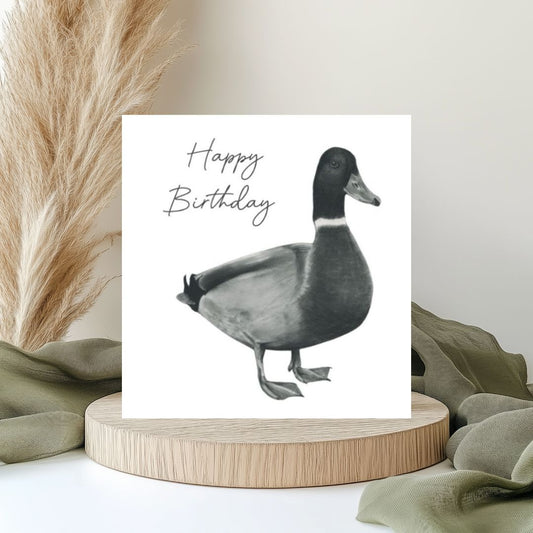A Birthday Duck Card featuring a hand-drawn illustration of a cheerful duck, paired with a bright yellow envelope, perfect for sending joyful birthday wishes