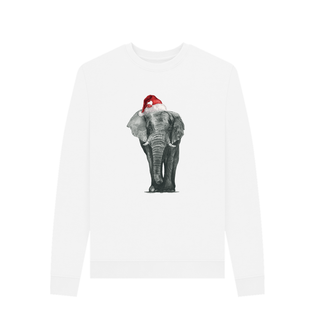 White Women's Crew Neck Festive Elephant Sweater Certified Organic Cotton