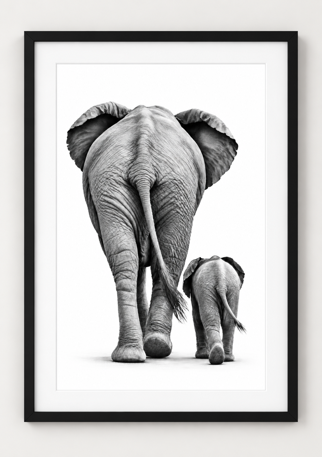 Elephant and Calf Fine Art Print in a black frame with white mount, portrait A4 style