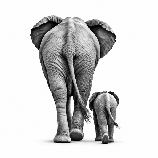 Elephant and calf greeting card — white-background card front