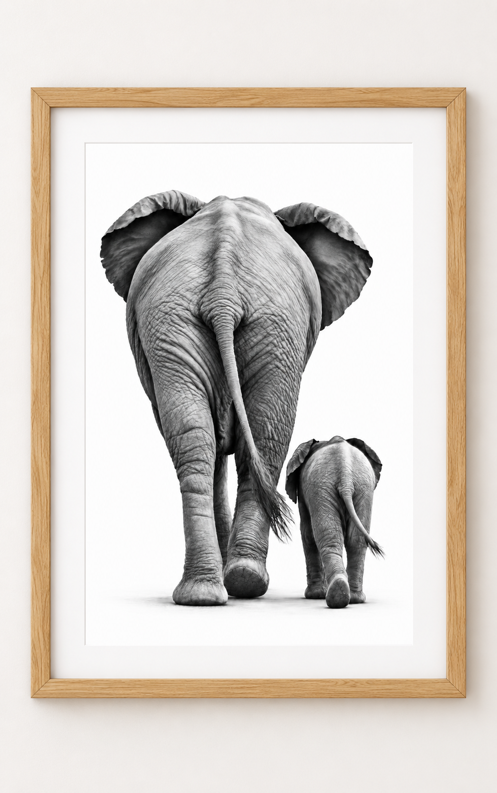 Elephant and Calf Fine Art Print in a oak frame with white mount, portrait A4 style