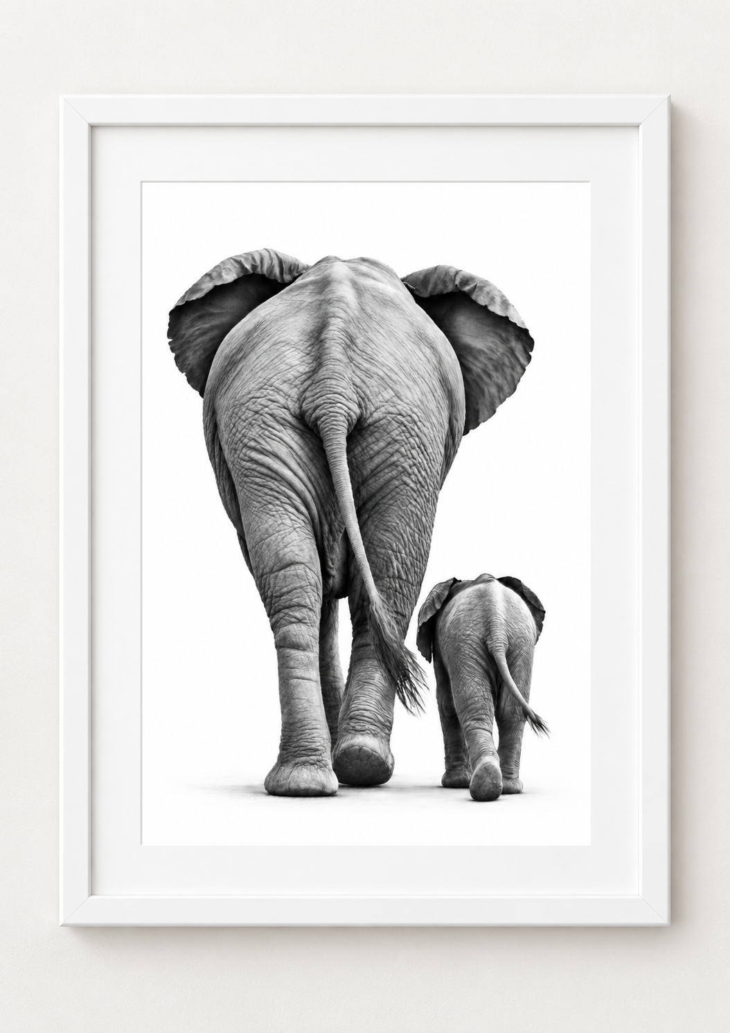 Elephant and Calf Fine Art Print in a white frame with white mount, portrait A4 style