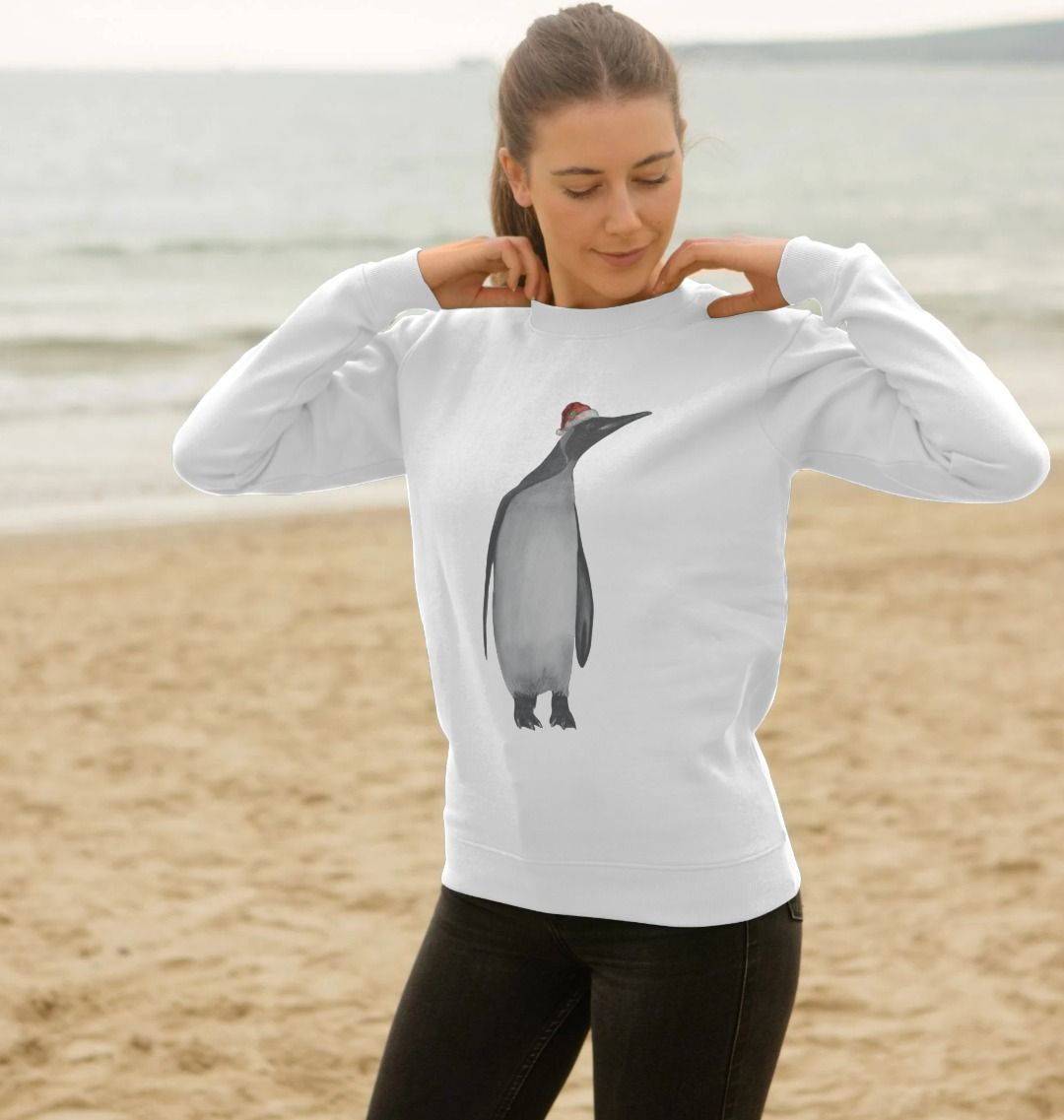 Women's Crew Neck Festive Penguin Sweater Certified Organic Cotton