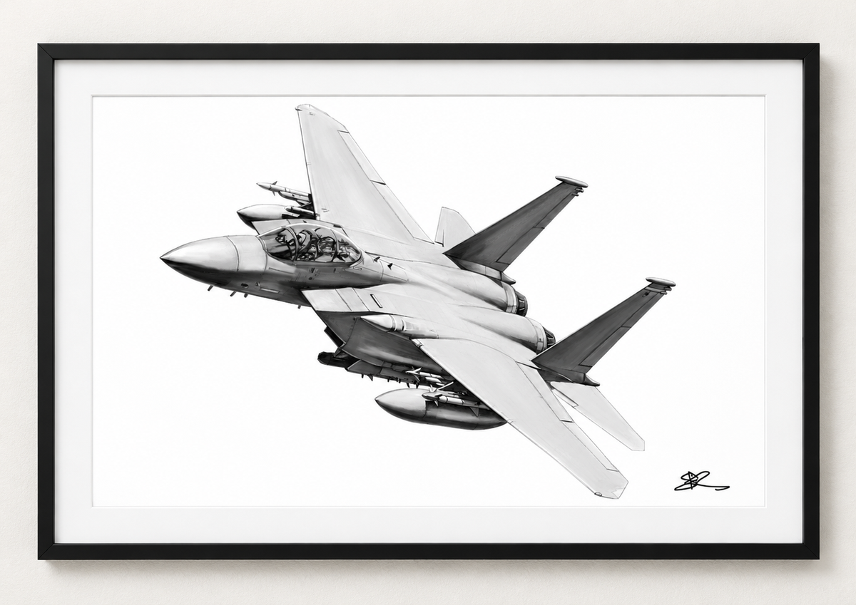 F-15 fine art print in black frame with white mount