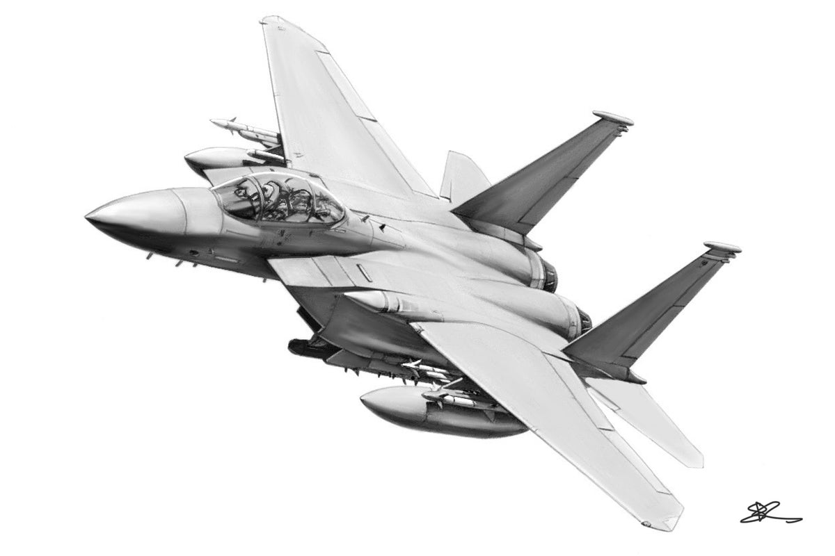 F-15 fighter jet in flight monochrome pencil fine art print