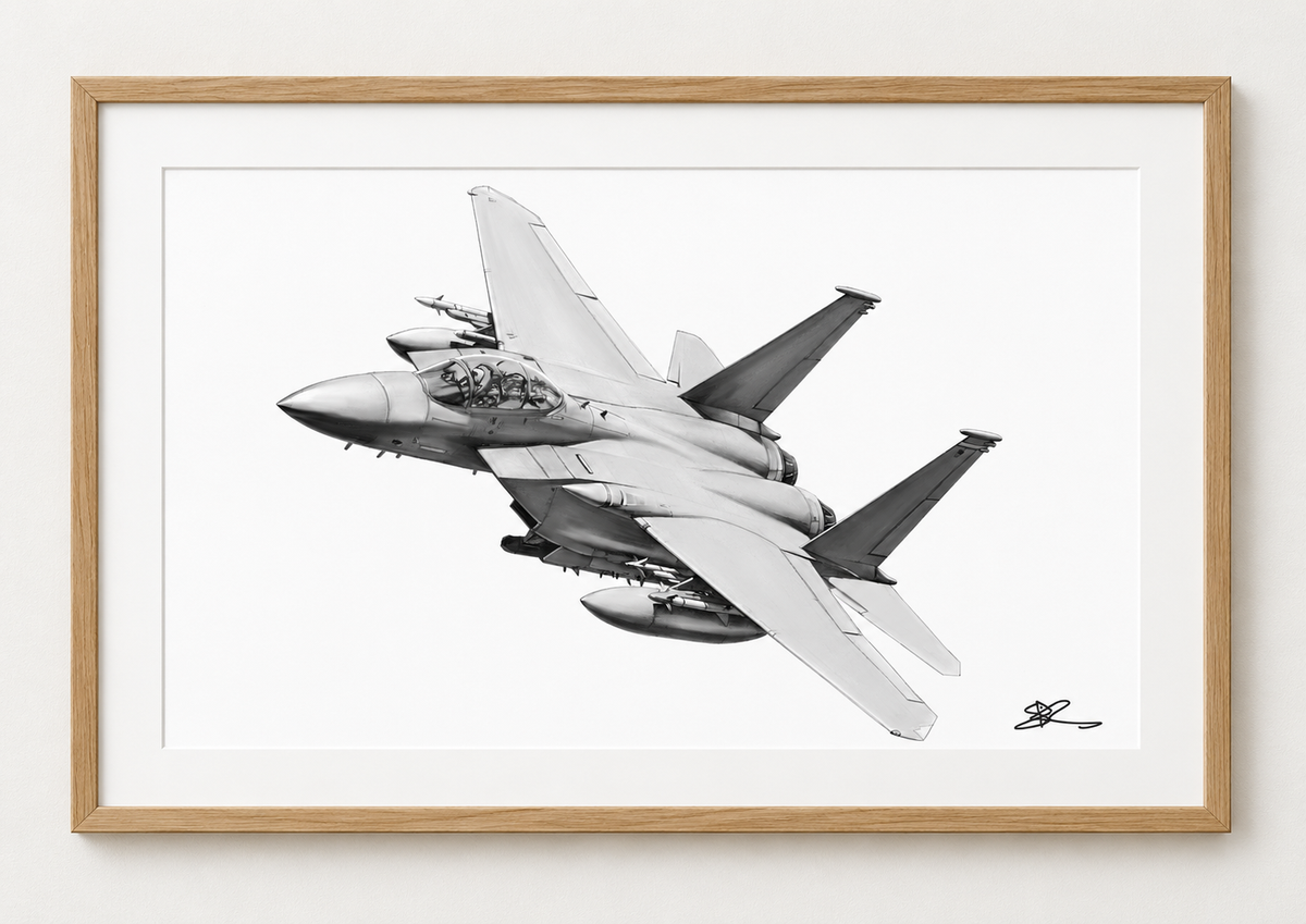 F-15 fine art print in oak frame with white mount