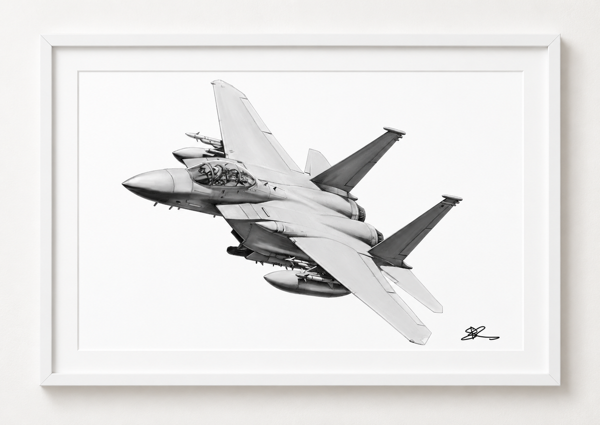 F-15 fine art print in white frame with white mount