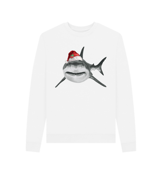 White Women's Crew Neck Festive Shark Sweater Certified Organic Cotton