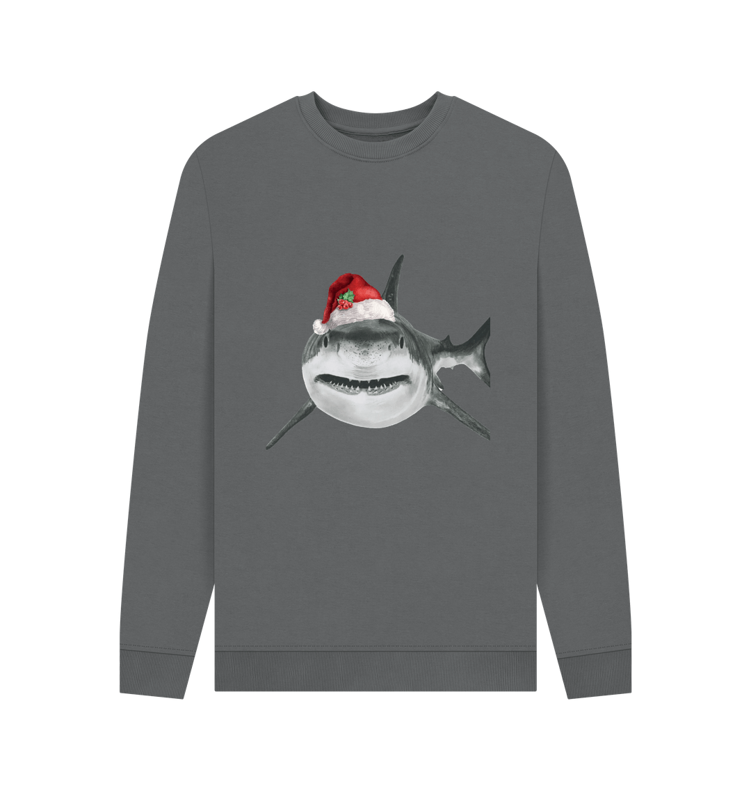 Slate Grey Men's Crew Neck Festive Shark Sweater Certified Organic Cotton