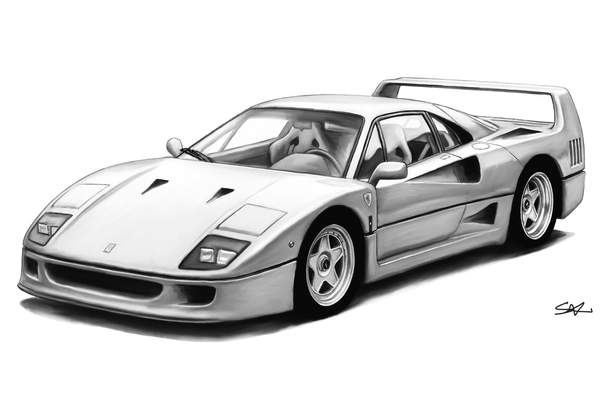 Hand-drawn Ferrari F40 supercar fine art print