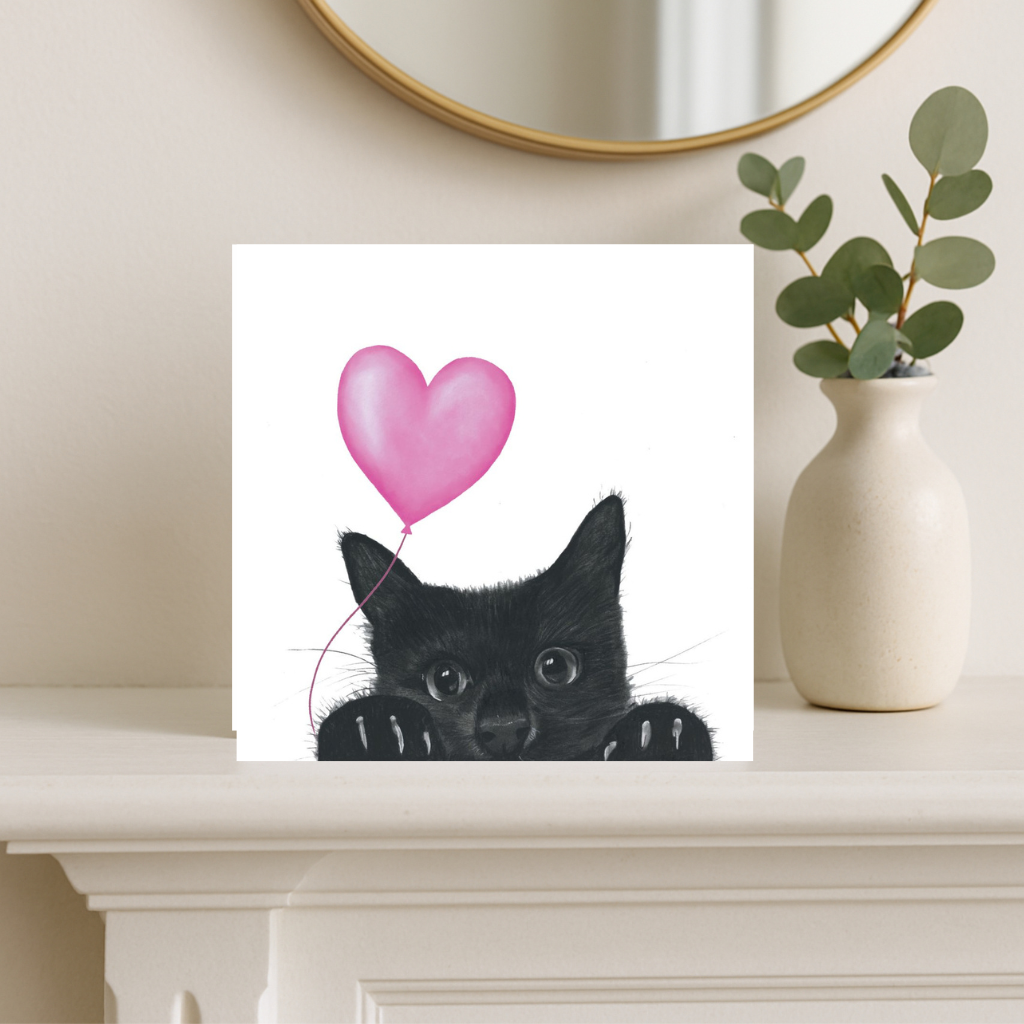 Floating Sansuna Cat – Pink Balloon Hand-Drawn Greeting Card | Cute & Whimsical Art