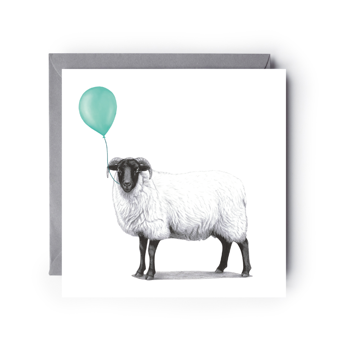 Floating Sheep - Teal Balloon Hand-Drawn Greeting Card