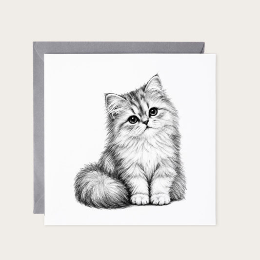 Fluffy Kitten Hand Drawn Greeting Card — card with grey envelope