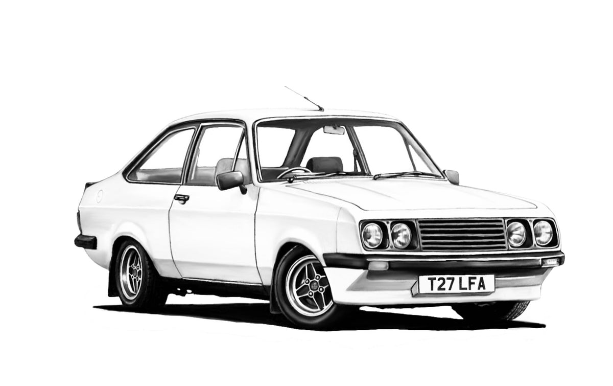 Hand-drawn Ford Escort Mk2 classic car fine art print