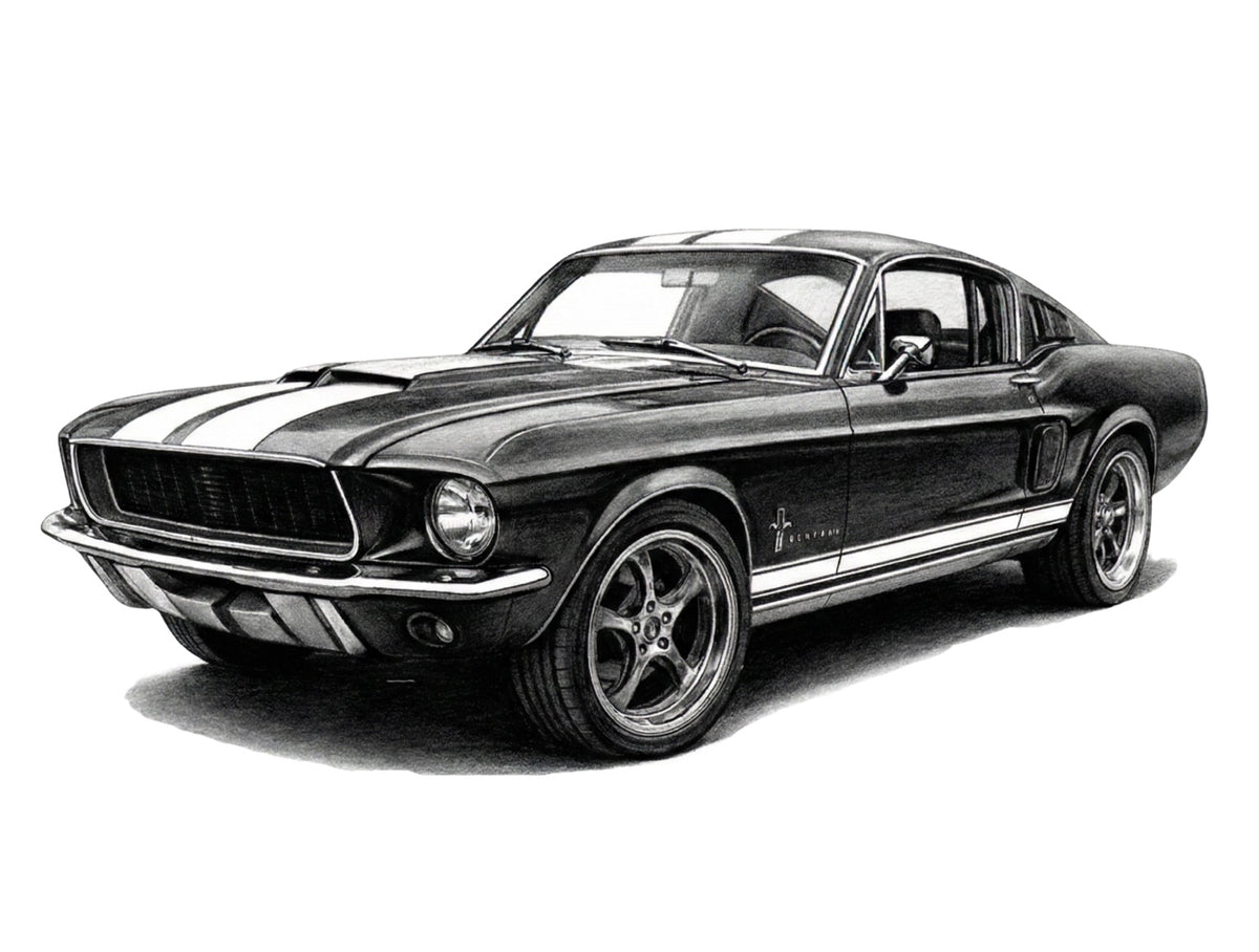 Hand-drawn Ford Mustang Fastback classic car fine art print