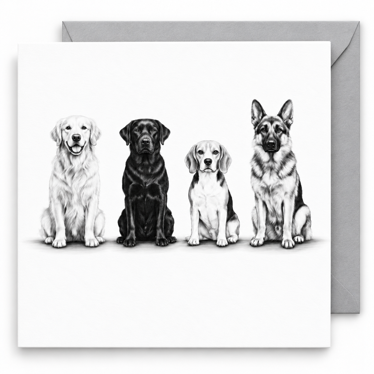 Four Dogs greeting card with grey envelope
