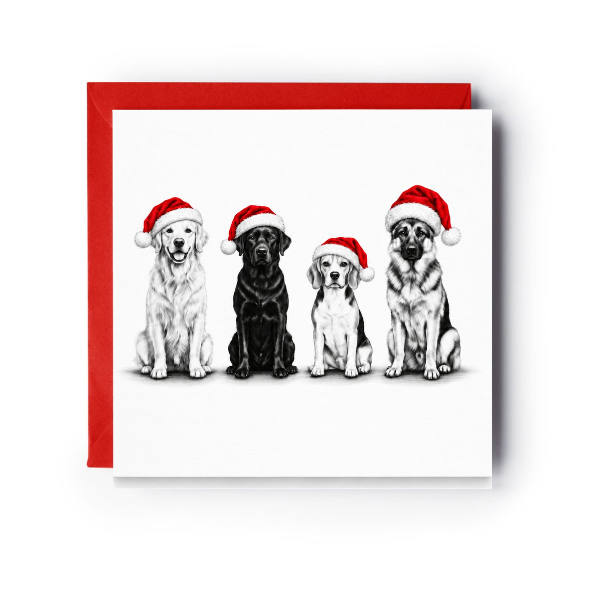 Four dogs wearing red Santa hats on a Christmas card with a red envelope