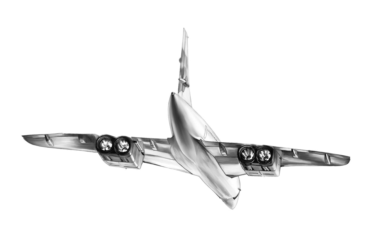 Hand-drawn four-engine jet underside aviation fine art print