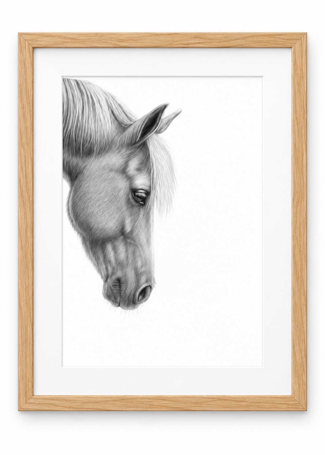 Gentle Horse Portrait Fine Art Print in a oak frame with white mount