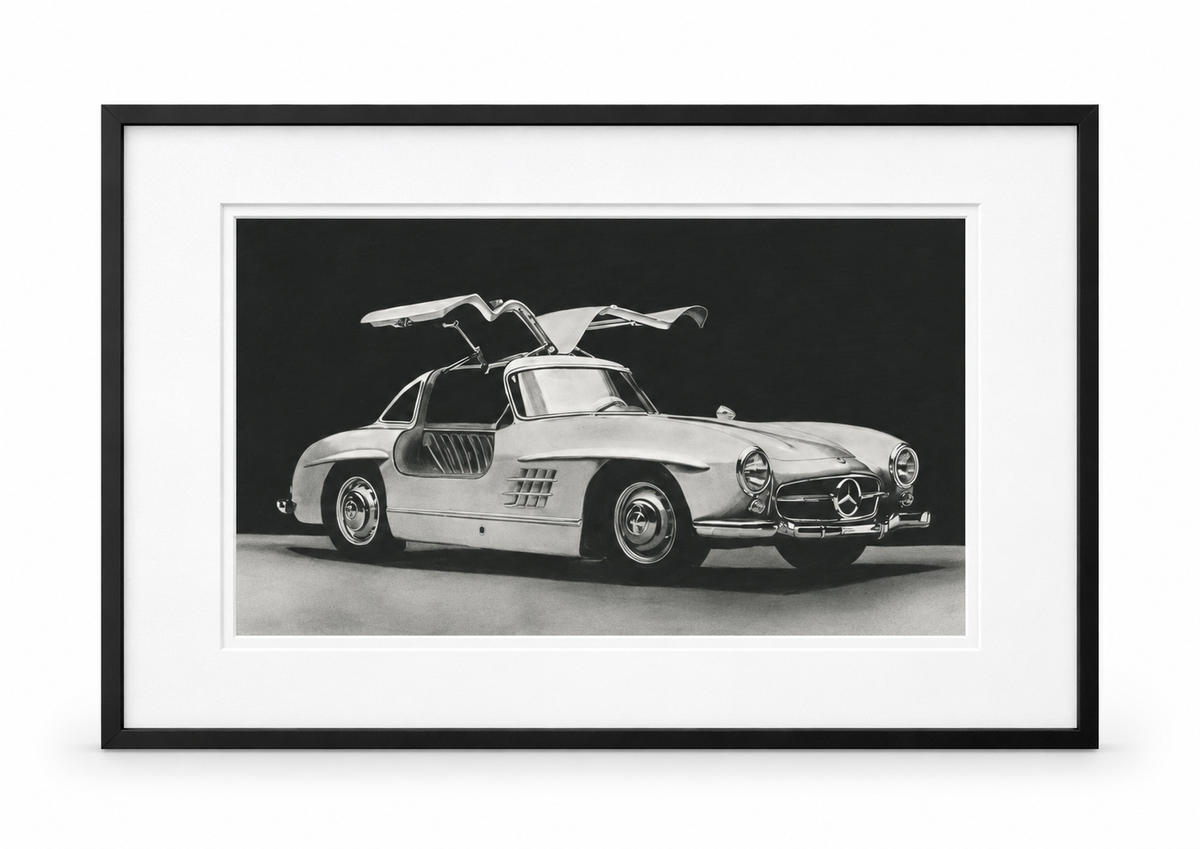 Mercedes Gullwing in black frame with white mount
