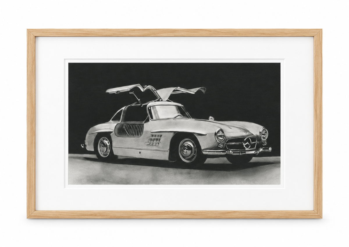 Mercedes Gullwing in oak frame with white mount