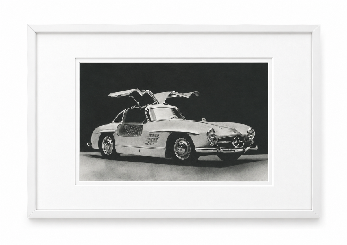 Mercedes Gullwing in white frame with white mount