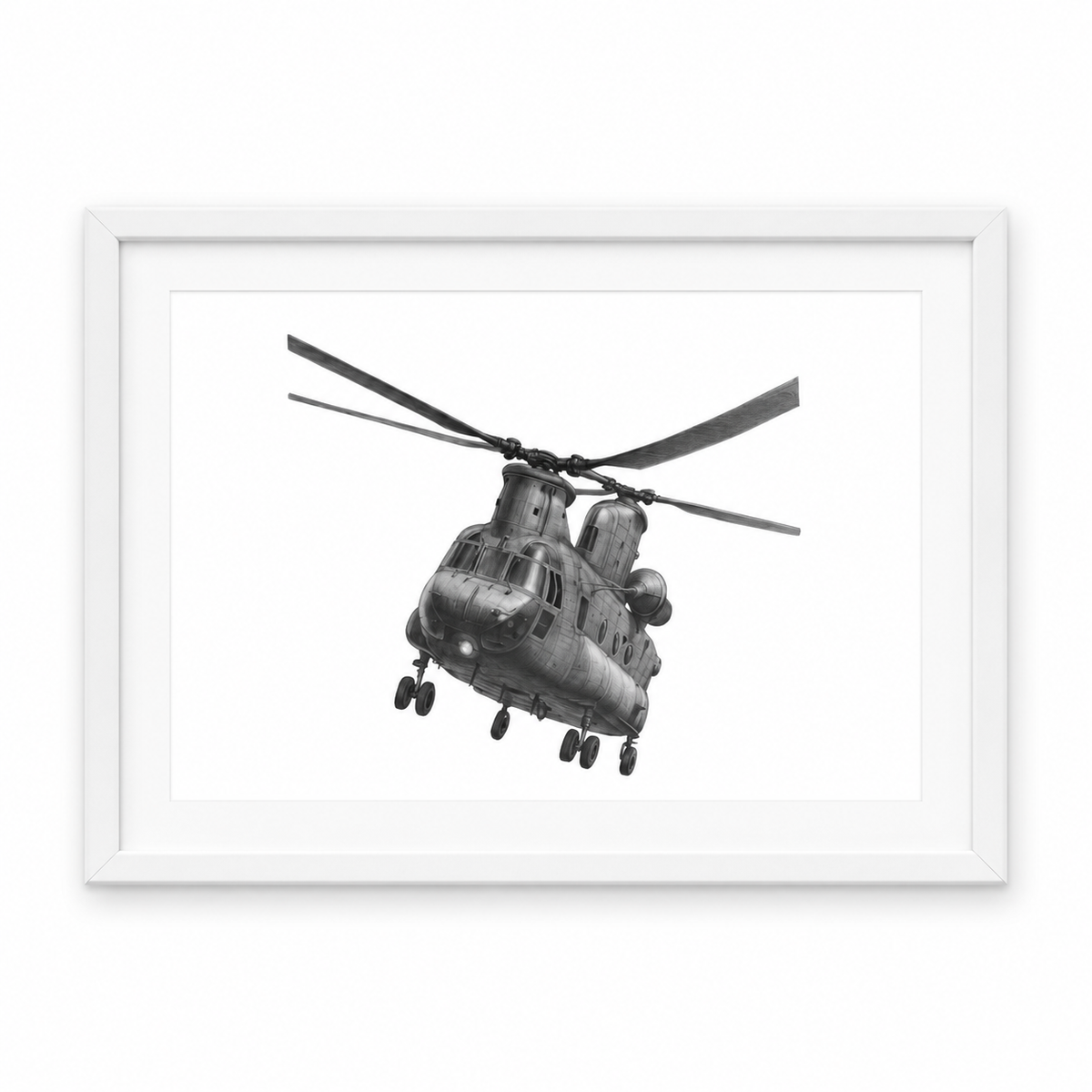 Boeing CH-47 Chinook Hand-Drawn Print | Military Aviation Art in white frame
