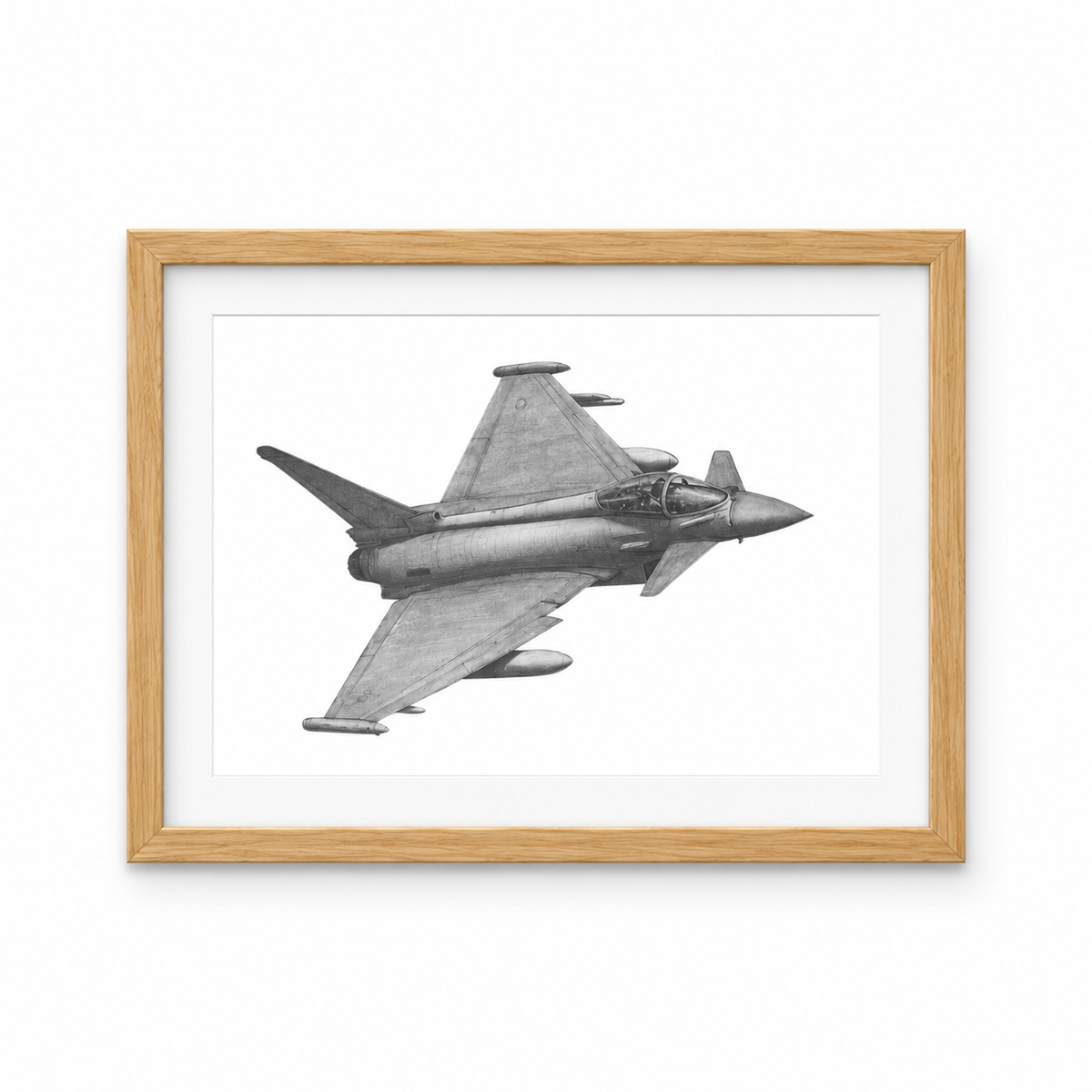 Eurofighter Typhoon Hand-Drawn Print | Modern Military Aviation Art in oak frame
