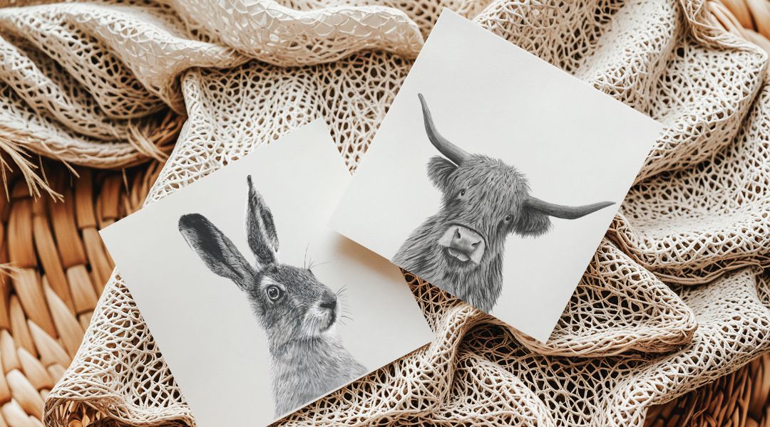 Beautiful hand-drawn Highland Cow and Hare greeting card by Libra Fine Arts – a charming countryside design perfect for all occasions.