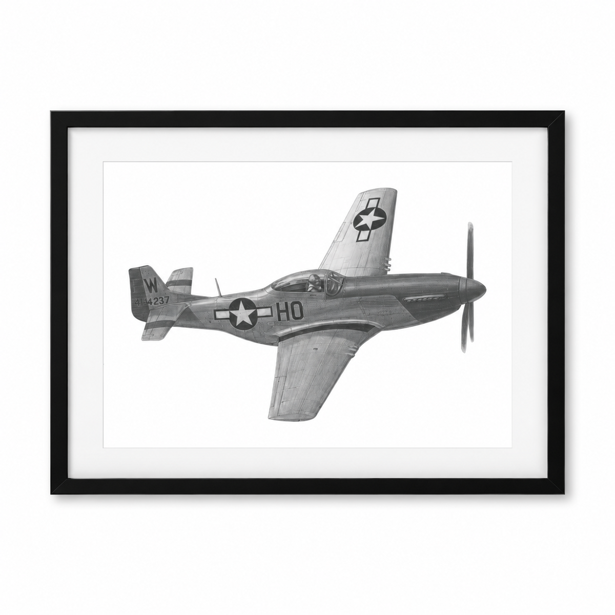 Hand-Drawn North American P-51 Mustang Print in black frame