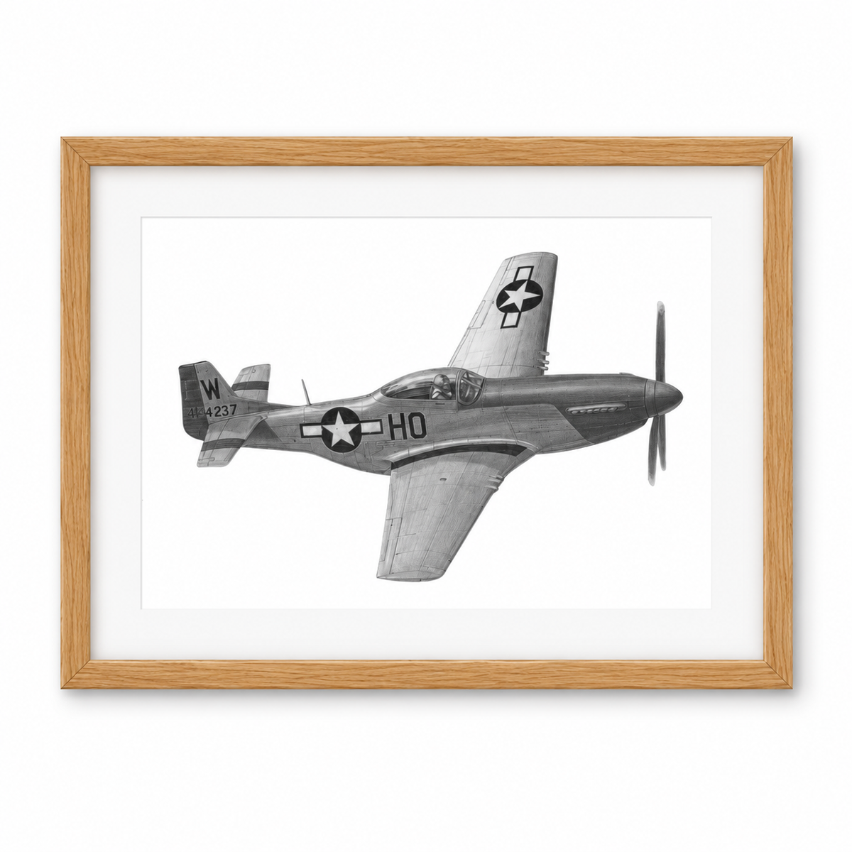 Hand-Drawn North American P-51 Mustang Print in oak frame
