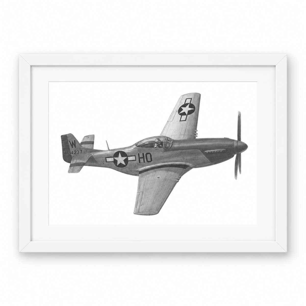 Hand-Drawn North American P-51 Mustang Print in white frame