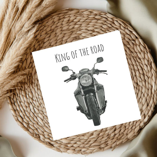 Detailed hand-drawn motorbike card with 'King of the Road' text, perfect Father's Day or birthday gift for motorcycle enthusiasts and bikers