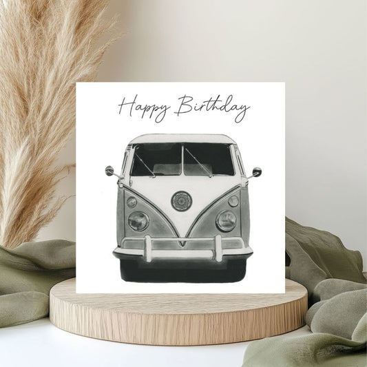Happy Birthday Camper Van Card – A beautifully hand-drawn illustration of a classic camper van, perfect for adventure lovers and travel enthusiasts celebrating a special birthday