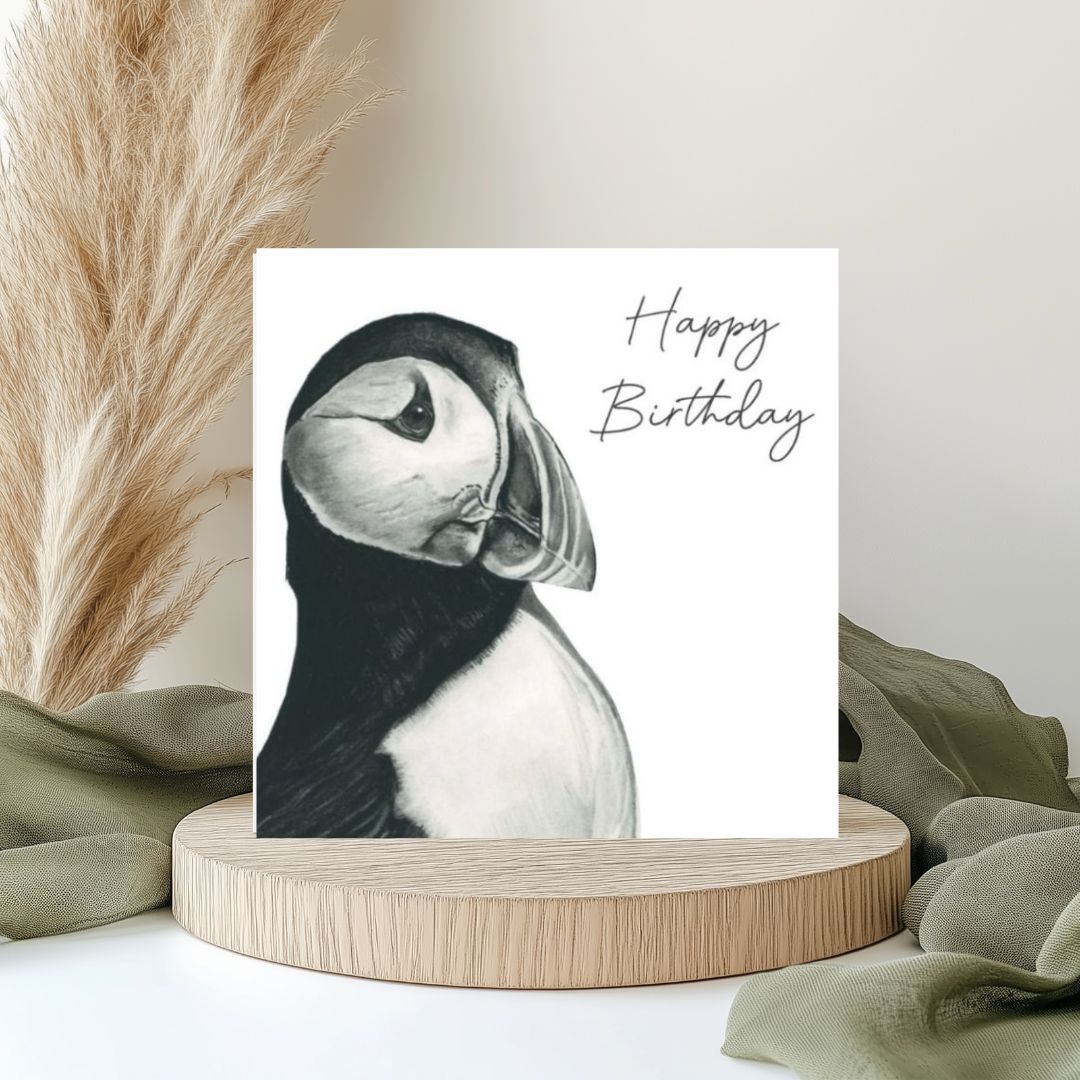 Puffin Birthday Card Hand-Drawn by Libra Fine Arts – A charming and beautifully illustrated design featuring an adorable puffin, perfect for sending cheerful and heartfelt birthday wishes