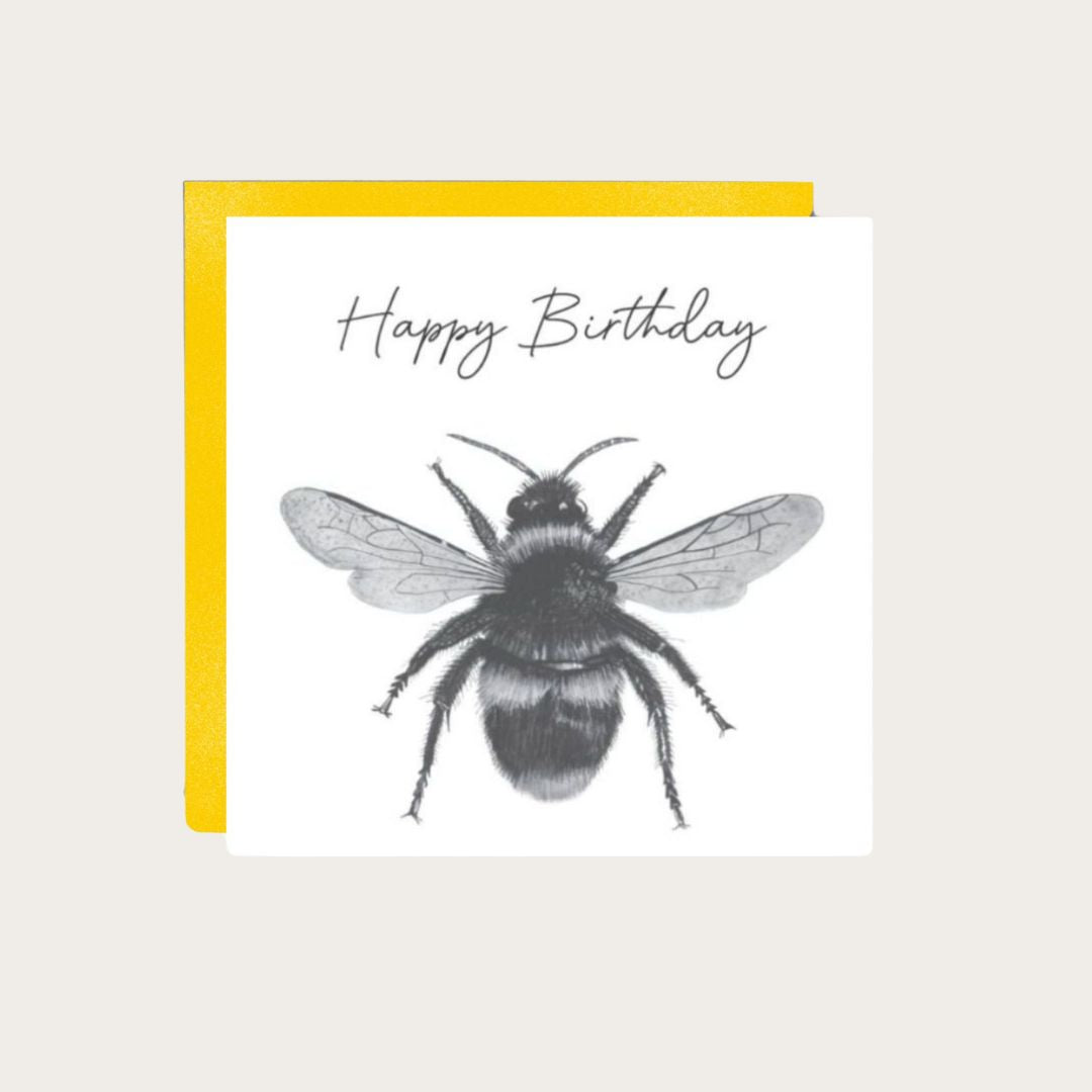 A hand-drawn birthday bee card, printed on Libra Fine Arts FSC-certified cardstock for a premium feel. Paired with a vibrant yellow envelope, this delightful card is perfect for bee lovers, nature enthusiasts, and special birthday celebrations. Blank inside, ready for a personal message.