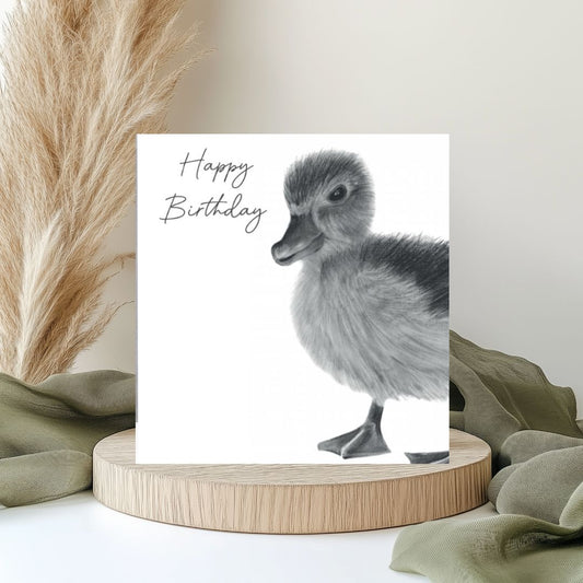 Happy Birthday Duckling Card by Lobra Fine Arts – A charming, hand-drawn design featuring an adorable duckling, perfect for celebrating a special birthday with a cheerful and heartwarming touch