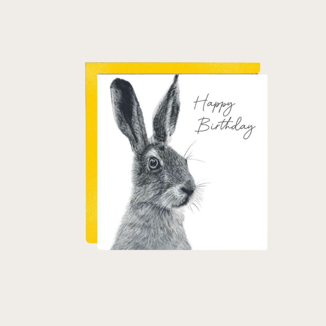 A Happy Birthday Hare Card featuring a hand-drawn illustration of an elegant hare, perfect for sending warm and thoughtful birthday wishes