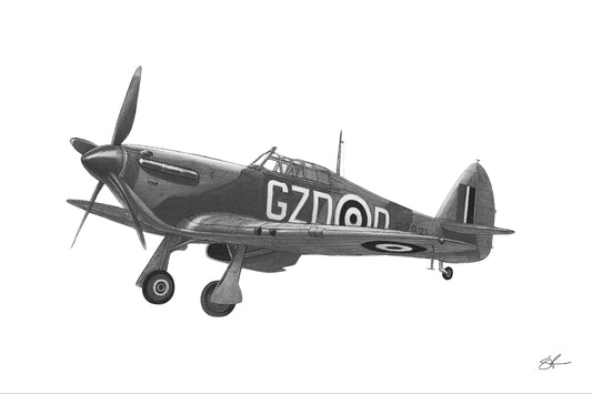 Hand-drawn Hawker Hurricane GZ-D P2921 military aviation fine art print
