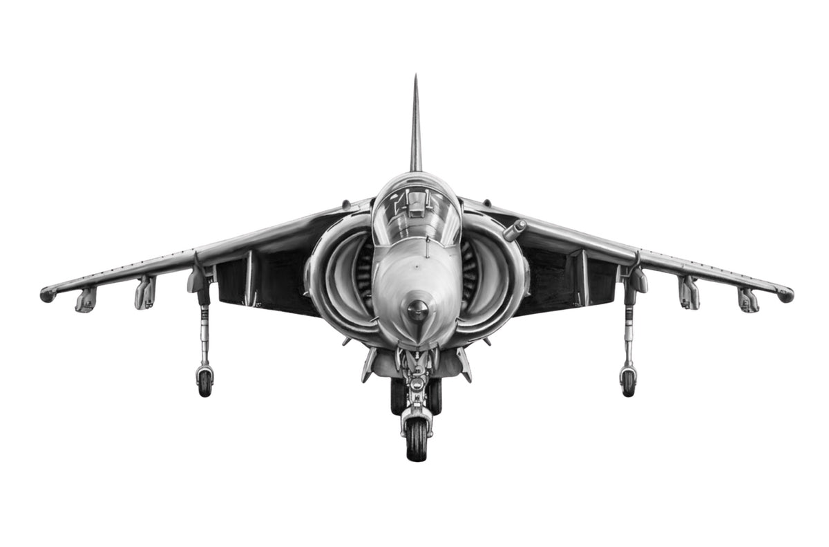 Hand-drawn Hawker Siddeley Harrier front view military aviation fine art print