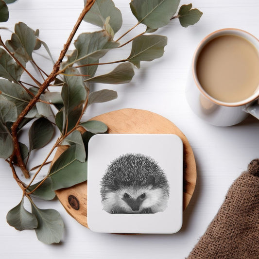 Hand-drawn hedgehog illustration with a green background on a drinks coaster by Libra Fine Arts. A charming and detailed design, perfect for adding a touch of nature-inspired elegance to your home decor while protecting surfaces.
