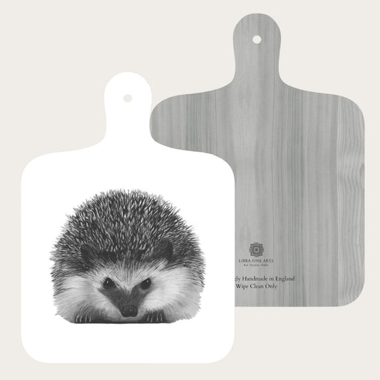 Hand-drawn hedgehog illustration on a mini chopping board by Libra Fine Arts. A charming and detailed wildlife design, perfect for nature lovers and kitchen decor